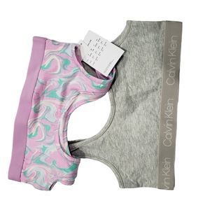 Calvin Klein Monogram Bralette 2 Pack Girls Size 7-8 Med Violet Paisley & Gray